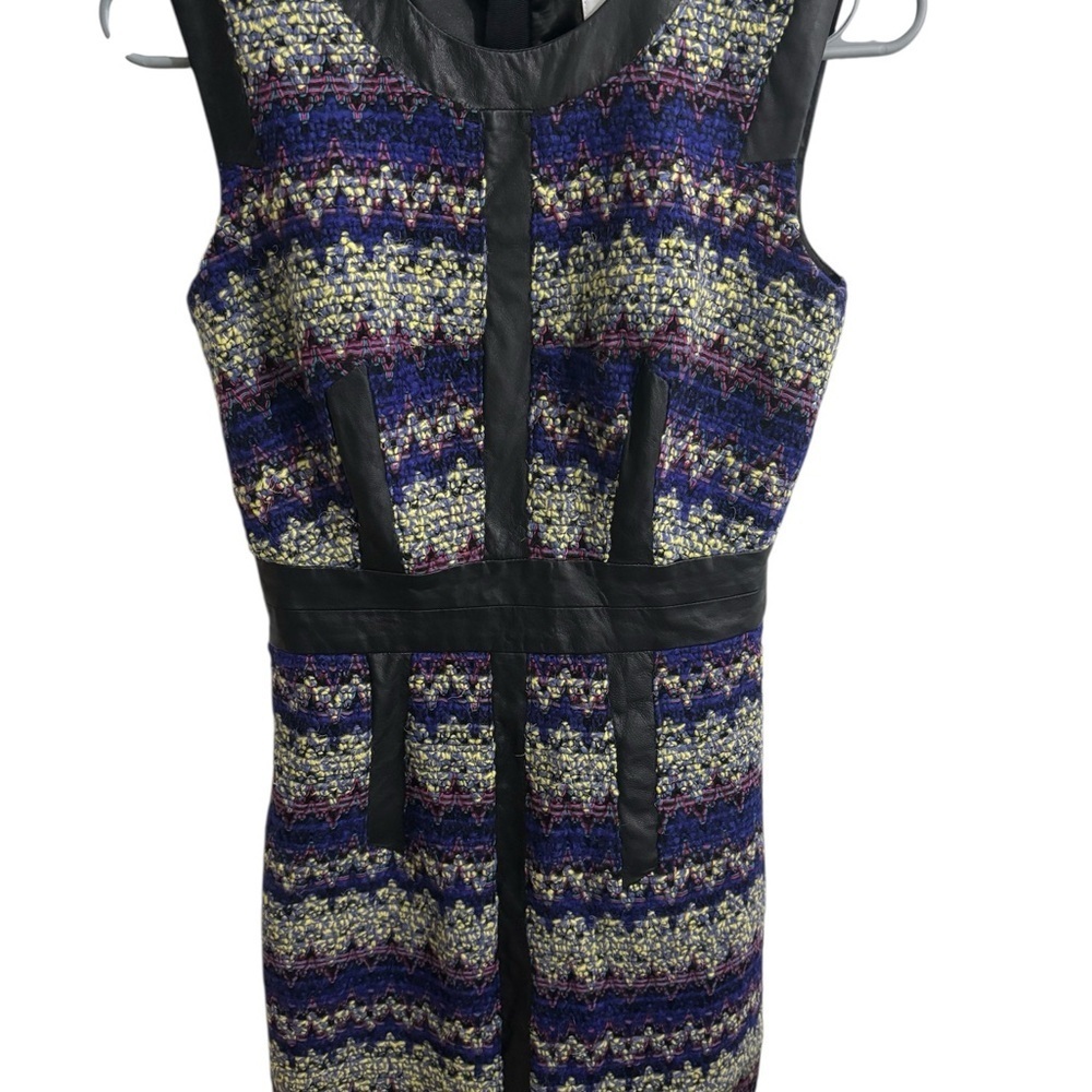 Milly Tweed Chevron 100% Wool Leather Sheath Dress Women’s Size 0 Dark Academia